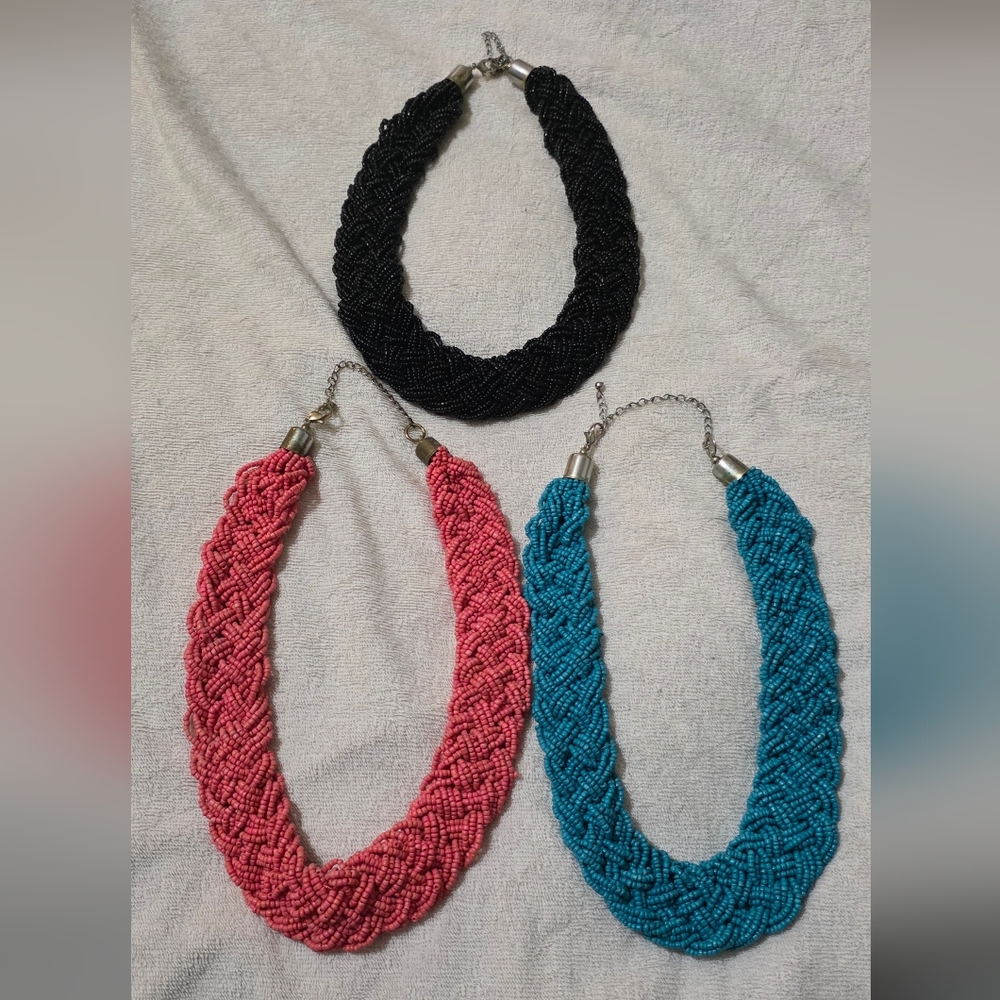 Chic Braided Necklace Trio - Black, Pink, and Blue